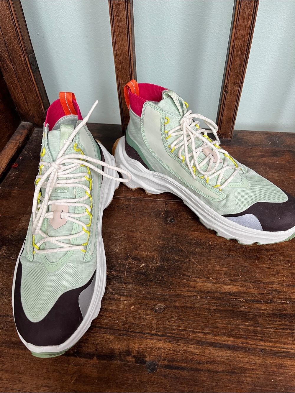 Sorel Mint Green High-Top Sneakers with Pink and Orange Accents